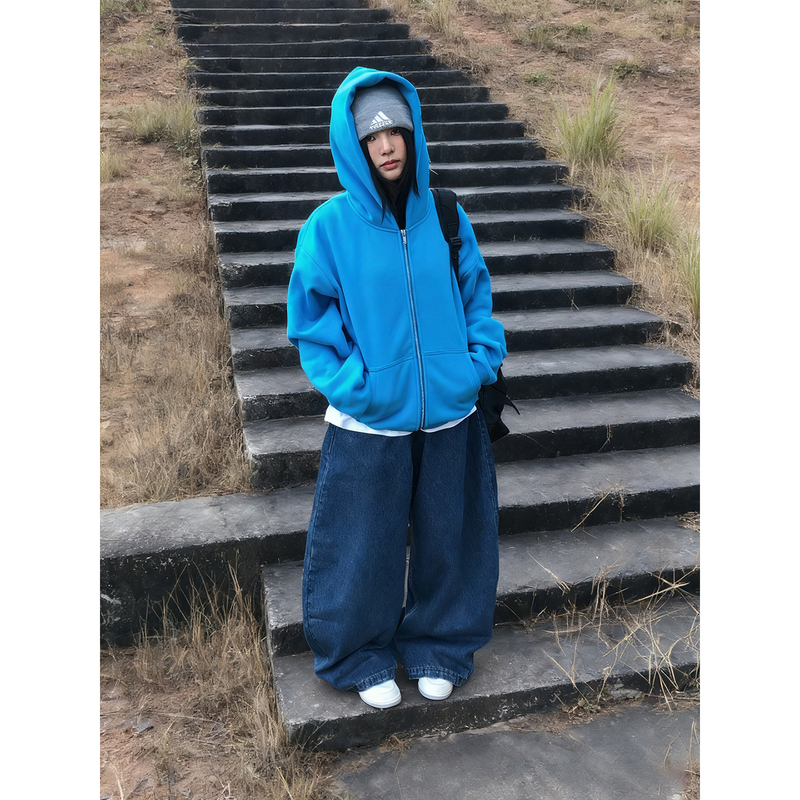 Blue Sweatshirt Skylrk American Casual Fleece-Lined Sohee Same Style Short Loose Trendy Brand Unisex Cardigan Hooded Jacket
