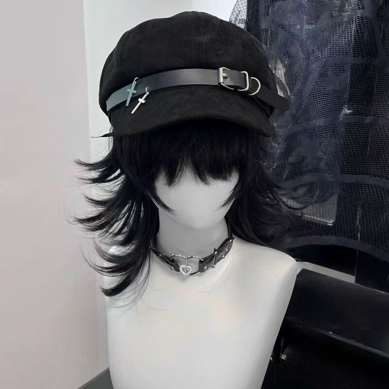 1Gangster Inn Original Black Beret Punk Subculture Octagonal Hat Women's Japanese Versatile Big Head Hat 1Gangster Inn Original Black Beret Punk Subculture Octagonal Hat Women's Japanese Versatile Big Head Hat