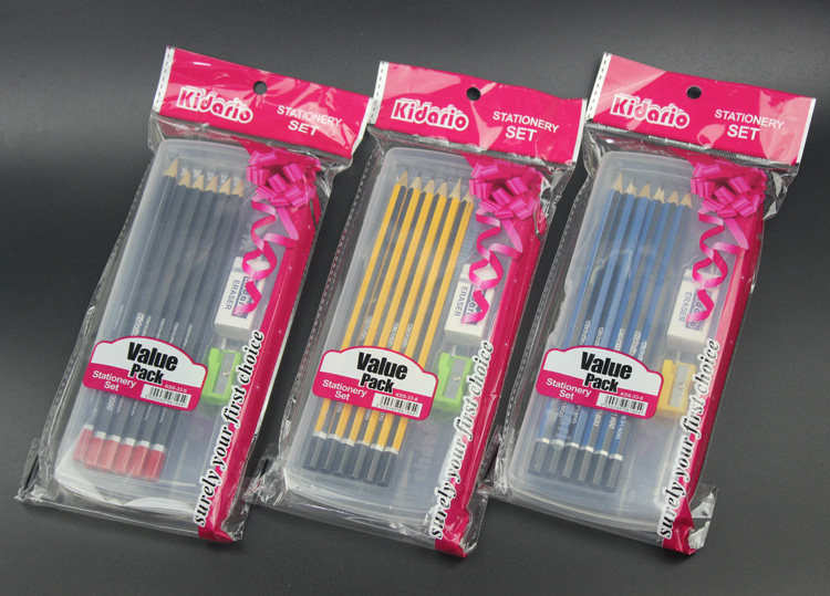 Lead Pencil Case Suit Plastic Pen Case Yellow Blue Black 2B Pencil Trig Stationery Combination Suit English