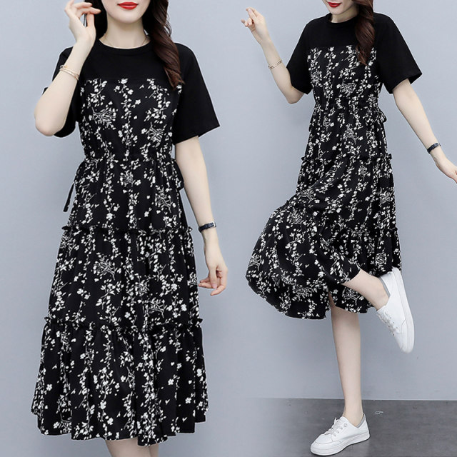 Large size women's clothing 2022 new dress women's fat mm cover belly to show thin summer belly floral skirt fat sister summer dress