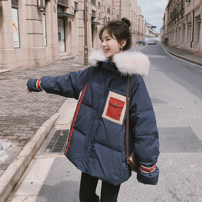 2022 new color contrast 90 national standard down jacket women's fashion casual large size loose small bread jacket trendy