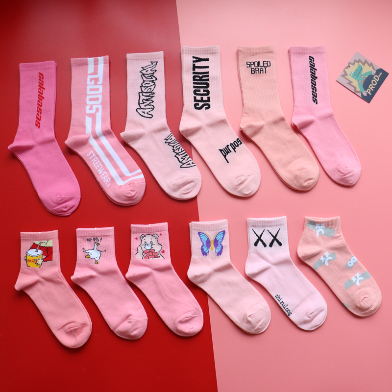 Pink Socks, High Tube Socks, Trendy for Men and Women, ins Korean and Japanese Style, Cute Cartoon Short Tube Socks, Cotton, Thin Summer Style