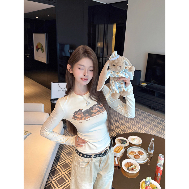 Itookgiii'Artistic Expression' Dog Print Long Sleeve T-Shirt for Women, Early Autumn Slim Fit Inner Layer Top