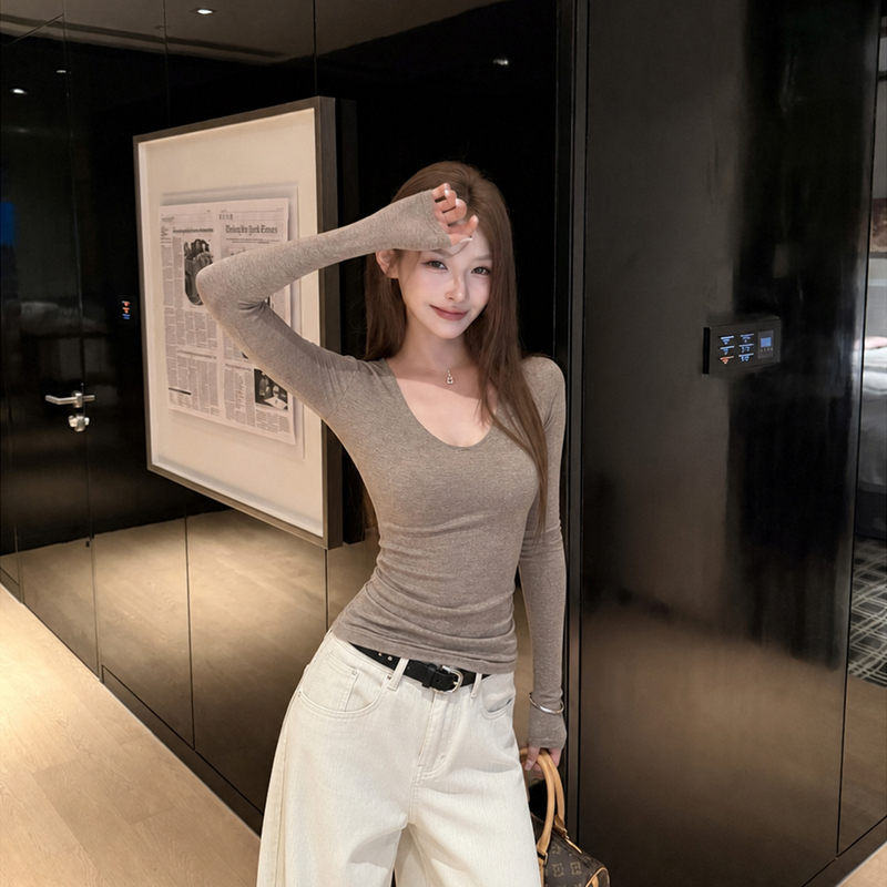 Itookgiii'Simple Silhouette' Oatmeal-Colored Long-Sleeve Base Layer Shirt for Women, Autumn and Winter Slim-Fit T-Shirt Top