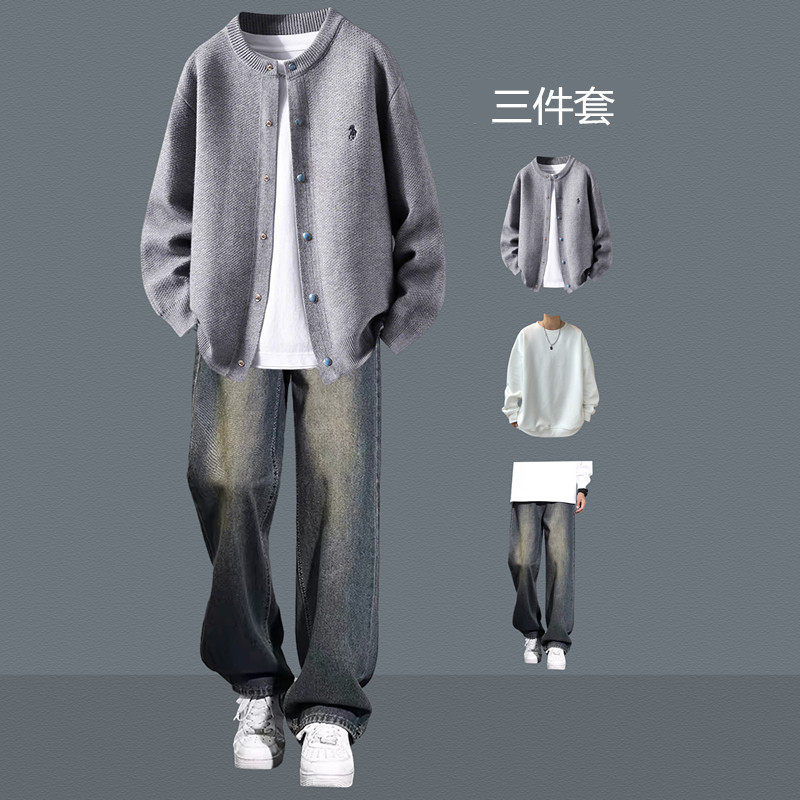 American Casual Style Knitted Cardigan Three-Piece Set for Young Men, Spring and Autumn Loose Trendy Sweater Jacket Set