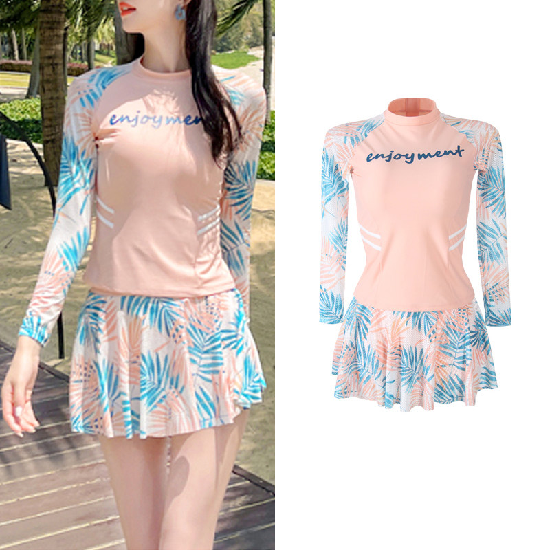 Wetsuit swimsuit women's summer fashion two-piece skirt conservative long-sleeved sunscreen sports students cover the belly and show thin surfing clothes