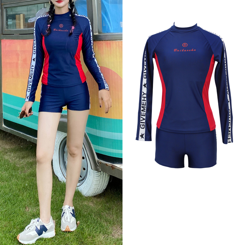 Swimsuit women's summer two-piece sunscreen sports models cover belly conservatively thin long-sleeved student fairy fan hot spring boxer swimsuit