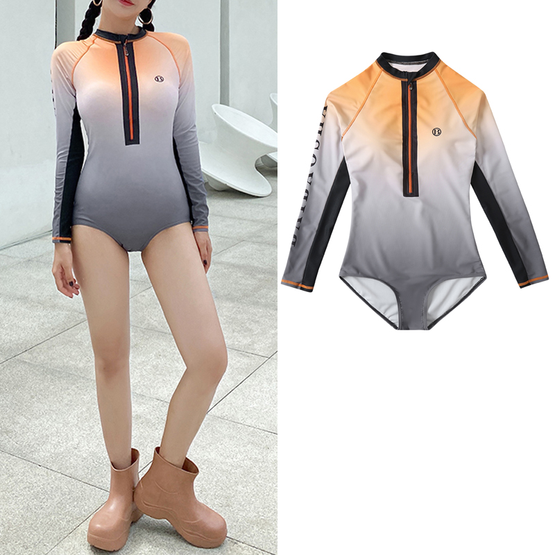 Swimsuit women's 2021 new exploits slim fit belly conservative even body Triangle fashion Belly Sunscreen Long Sleeve Swimsuit