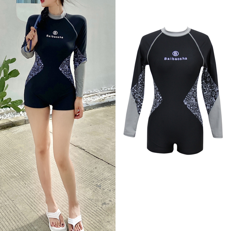 Long sleeve sunscreen sport wetsuit swimsuit woman covered with slim swimsuit surf conservative even body flat corner swimsuit