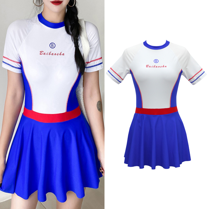 Even Body Swimsuit Woman Short Sleeve Summer Skirt Style Conservative Blue Sport Veil slim fit Pure Desire Spa Swimsuit