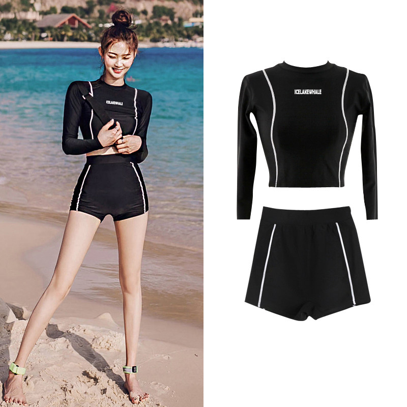 Swimsuit female summer conservative student belly cover thin fairy long-sleeved sunscreen split boxer swimsuit Seaside swimsuit