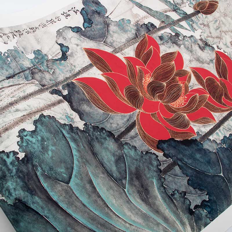 国画花鸟张大千金线荷花图真迹复制品高清立轴画芯装饰临摹未装裱