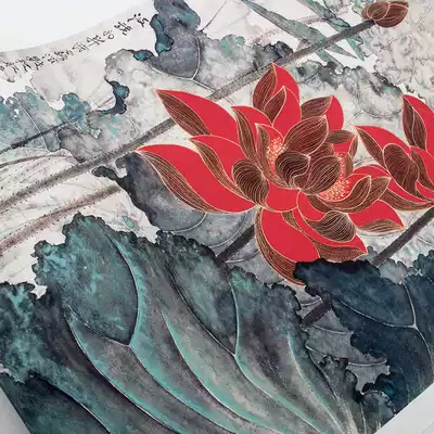 Chinese painting flowers and birds Zhang Daqian gold line lotus picture original copy high-definition vertical axis painting core decoration copy unmounted