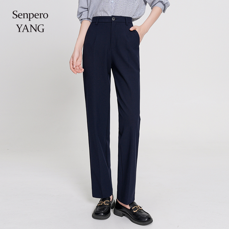 Senperoyang Navy Blue Straight-Leg Suit Pants for Women, Spring High-Waisted Professional Formal Wear, Commuting Casual Cigarette Pants