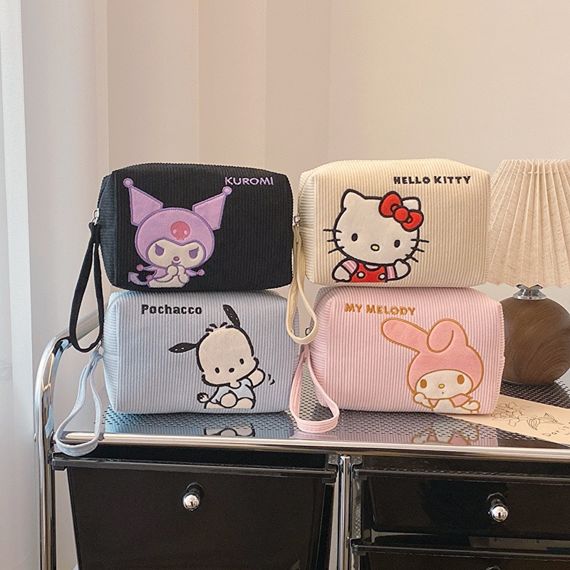 Sanrio Genuine New Corduroy Cartoon Cosmetic Bag, Toiletry Bag, Portable Makeup Pouch, Hand-Held Coin Purse for Women