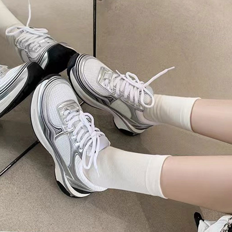 Mesh Chanel-Style 2026 New Thick-Soled Breathable Casual Genuine Leather Silver-Toe Dad Sneakers for Women, Lightweight Sports Shoes