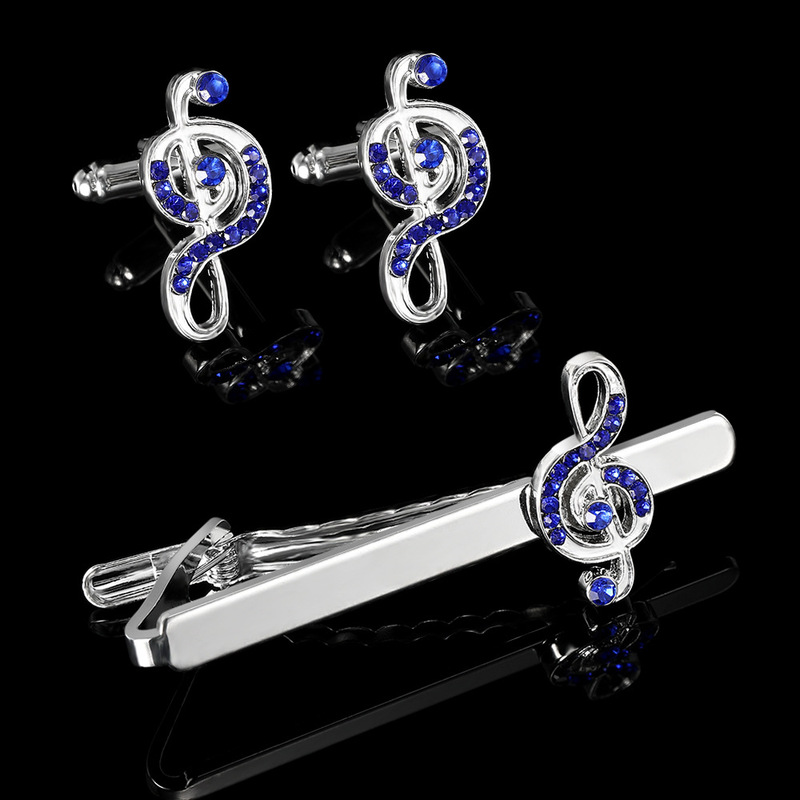European and American Style Musical Note Diamond-Encrusted Tie Clip, Simple and Artistic, Best-Selling Unisex French Business Shirt Cufflink Set
