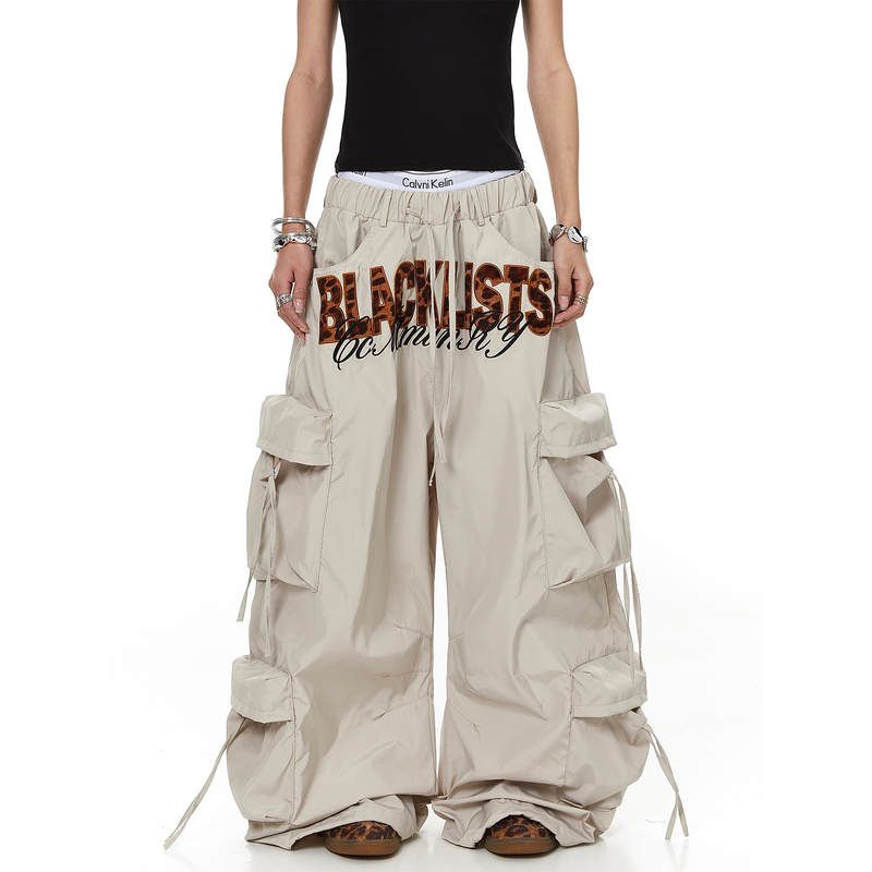 Blacklists American-Style Leopard Print Letter Embroidery Multi-Pocket Paratrooper Cargo Pants Unisex Trendy Straight Wide-Leg Pants Blacklists American-Style Leopard Print Letter Embroidery Multi-Pocket Paratrooper Cargo Pants Unisex Trendy Straight Wide-Leg Pants