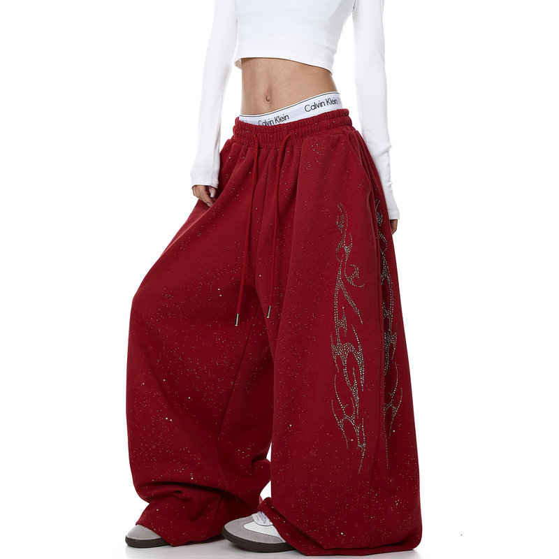 Blacklists American-Style Heavy-Duty Flame-Embellished Star-Studded Scimitar Sweatpants for Men and Women, Jazz Dance Loose Wide-Leg Pants