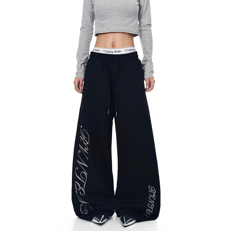 Blacklists American Retro Letter Rhinestone Sports Sweatpants Unisex Jazz Dance Loose Straight Wide-Leg Pants