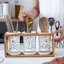 Ceramic chopsticks tube household drain double three chopsticks Chopsticks bucket chopsticks box Korean storage rack chopsticks cage