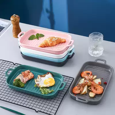 Household rectangular ceramic baking dish double-eared cheese grilled rice plate oven plate Nordic large baking tableware