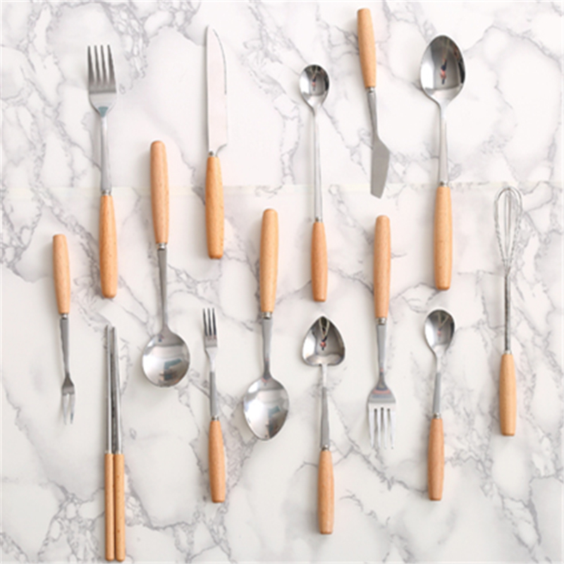 Creative home stainless steel knife fork Western food tableware wooden handle spoon steak knife fruit fork stirring spoon soup spoon chopsticks