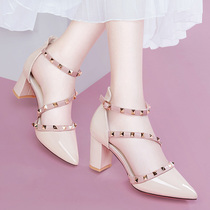 Thick-heeled sandals womens shoes autumn 2020 new pointed single shoes with a word buckle rivet shoes wild high heels