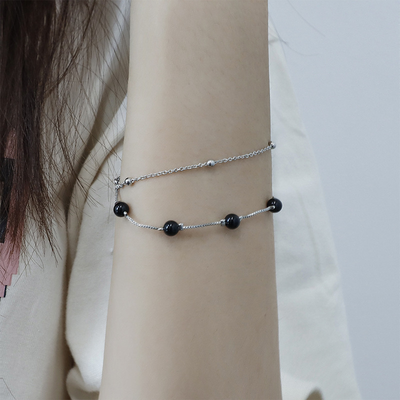 Double-Layer Black Agate Bracelet with Personalized Fortune-Enhancing Small Round Beads, Black Pearl Bracelet for Japanese and Korean Friends