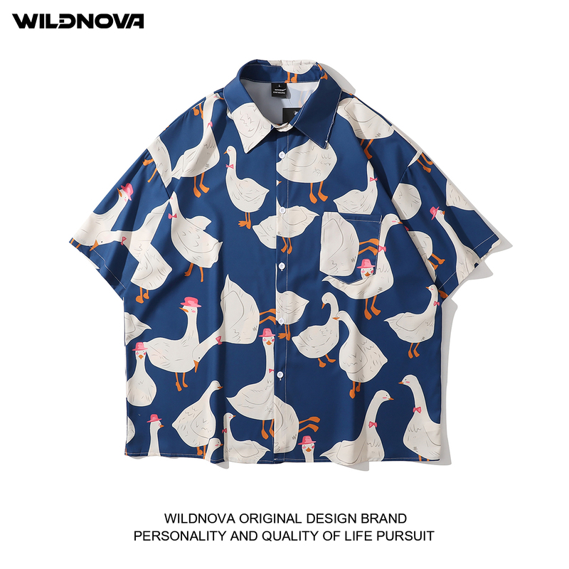 Wildnova Cartoon Retro Cute White Swan Print Hawaiian Short-Sleeved Shirt Men's and Women's Hawaiian Shirt Wildnova Cartoon Retro Cute White Swan Print Hawaiian Short-Sleeved Shirt Men's and Women's Hawaiian Shirt