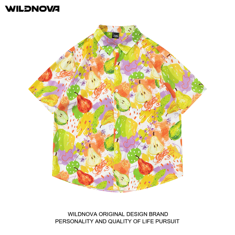 Wildnova Hawaiian Style Seaside Beach Fruit Graffiti Print Short-Sleeved Floral Shirt Men's and Women's Hawaiian Shirt