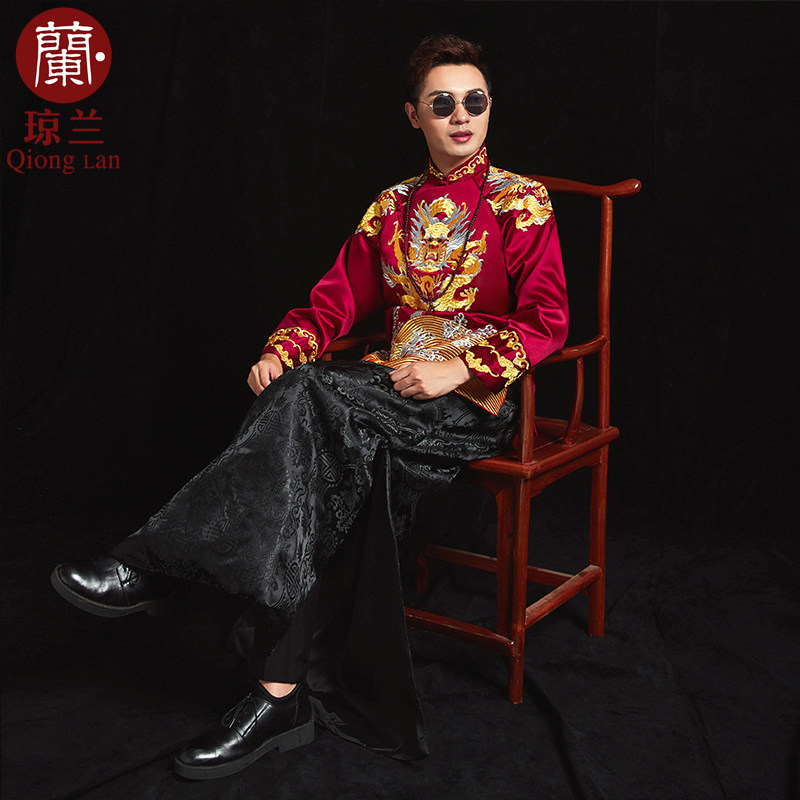 Joan Lan Xiufu and New Lang Men's Men's Dress Chinese Style Groom Suit Wedding Gown and Tang Clothes Horse Vest Show Kimono and Greeting Suit