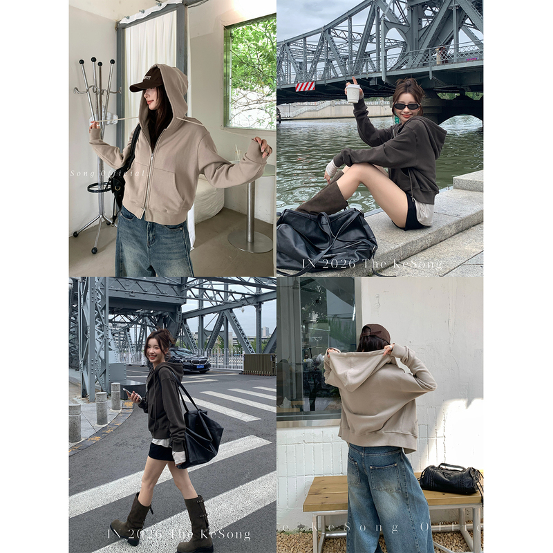 [9.9 at 7Pm] Korean Style High-Weight Hooded Sweatshirt, Simple Short Zipper, Versatile and Slimming Women's Hoodie