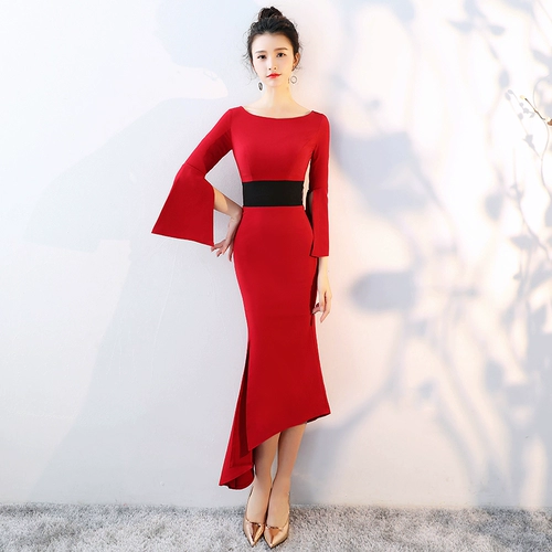 Красное длинное осеннее вечернее платье, 2020, ассиметричный крой, крой «рыбий хвост»