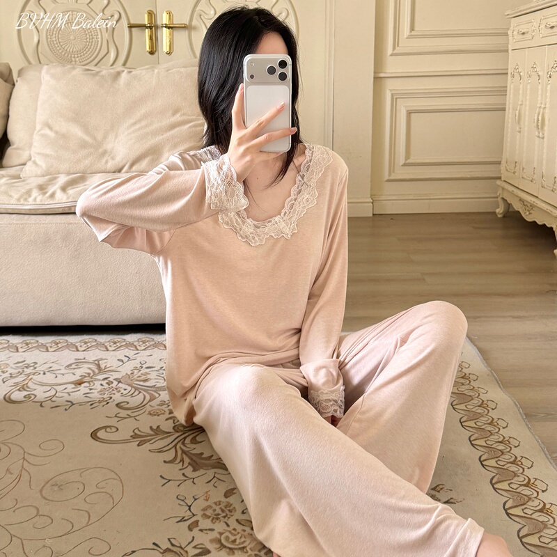 French Pure Cotton Long-Sleeved Pajamas with Breast Pads for Women, 2026 New Autumn Modal Home Wear Set That Can Be Worn Outside French Pure Cotton Long-Sleeved Pajamas with Breast Pads for Women, 2026 New Autumn Modal Home Wear Set That Can Be Worn Outside