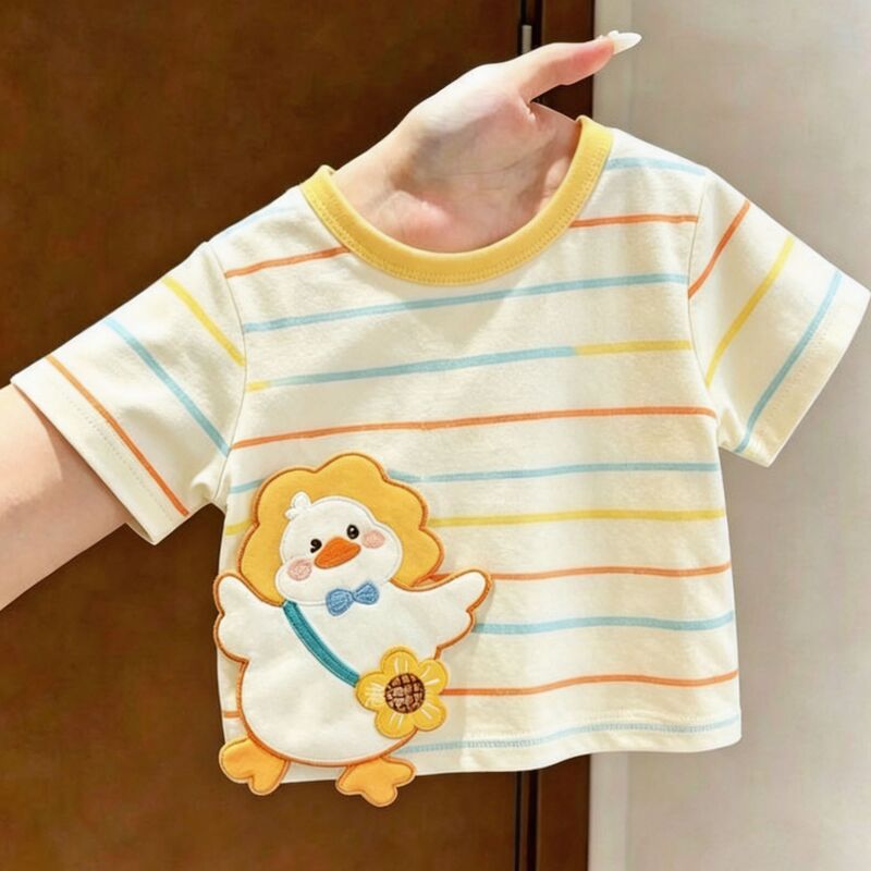 Children's 2026 Summer New Casual Striped Three-Dimensional Short-Sleeved Cute Cartoon Little Hen Patch Top for Boys and Girls