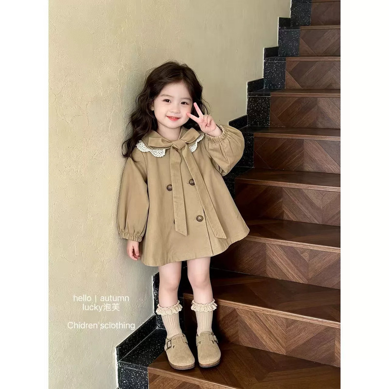Girls' Lace Doll Collar Bow Retro Style Trench Coat 2026 Spring and Autumn New British Style Children's Coat Girls' Lace Doll Collar Bow Retro Style Trench Coat 2026 Spring and Autumn New British Style Children's Coat