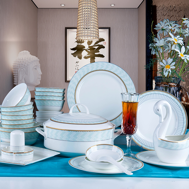 Jingdezhen Bone China Porcelain Cutlery Cutlery Sets High-end Home Bowls Dish Suit Bowls Pan-O-Style Brief Porcelain Pan Chopsticks Composition