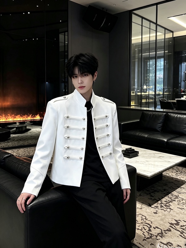 Napoleon Court-Style Double-Breasted Stand-Collar Jacket for Men, High-End, Stylish, Casual, Loose-Fitting, Short Cardigan, Trendy