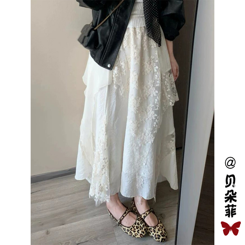 不規則なレース刺繍スカート、女性用2025年春新作、ハイウエストAラインプリーツスカート、ムーンライトスカート、ビッグスイングスカート