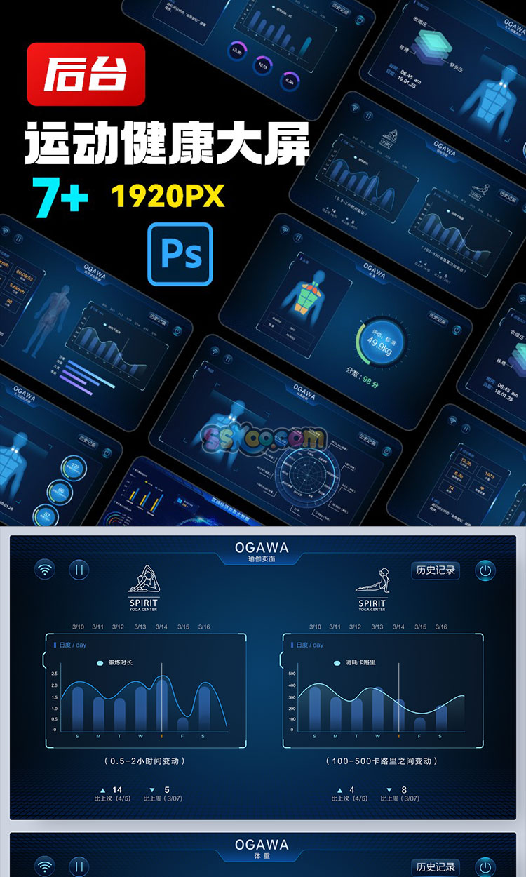 深色运动健康数据大屏大数据可视化UI界面设计后台管理PS模板素材