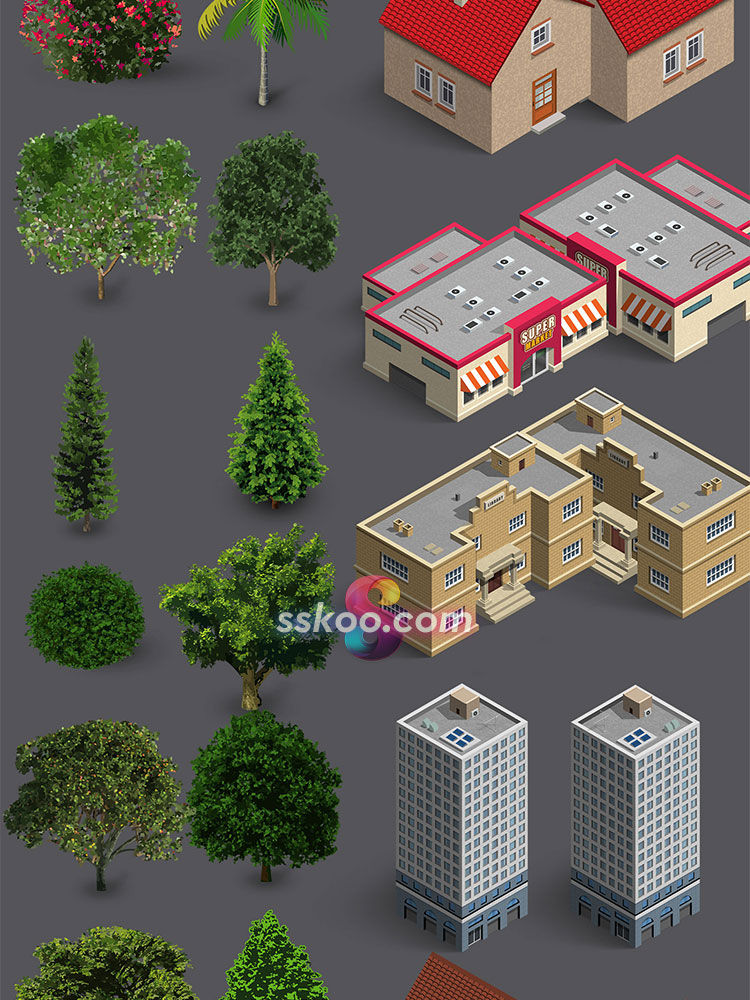 2.5D等距建筑公路人物树木动物定位场景3D立体插画PSD设计PS素材插图13