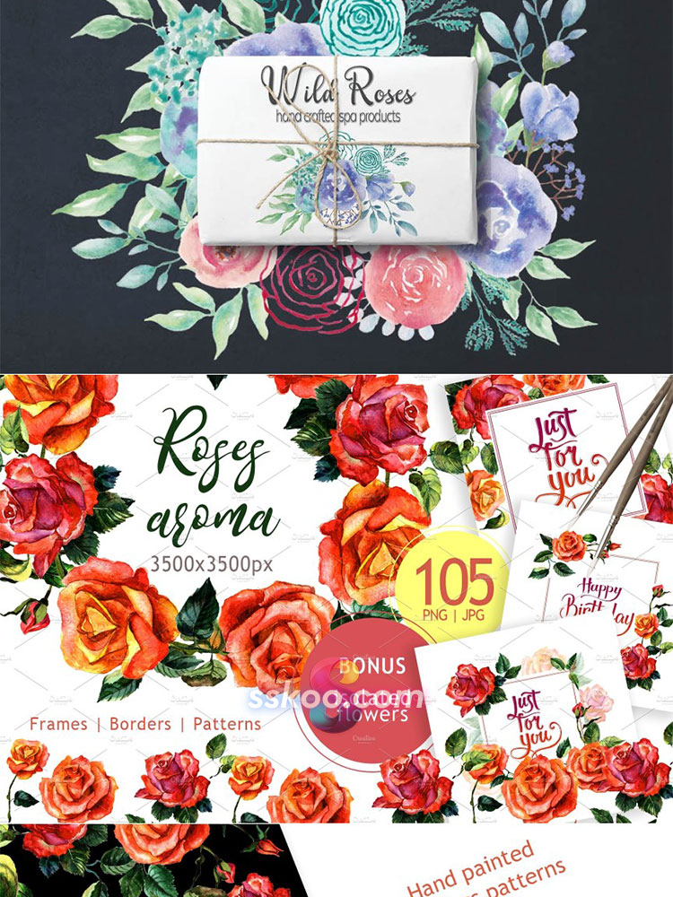 玫瑰月季鲜花花朵花卉手绘水彩剪贴画插画PNG免扣透明PSD设计素材插图7