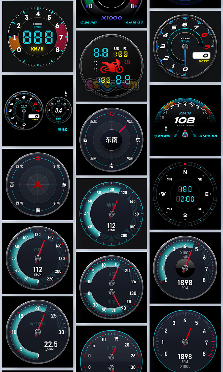 汽车摩托车车载中控表盘仪表盘HUD胎压车速UI界面PSD设计素材模板插图3