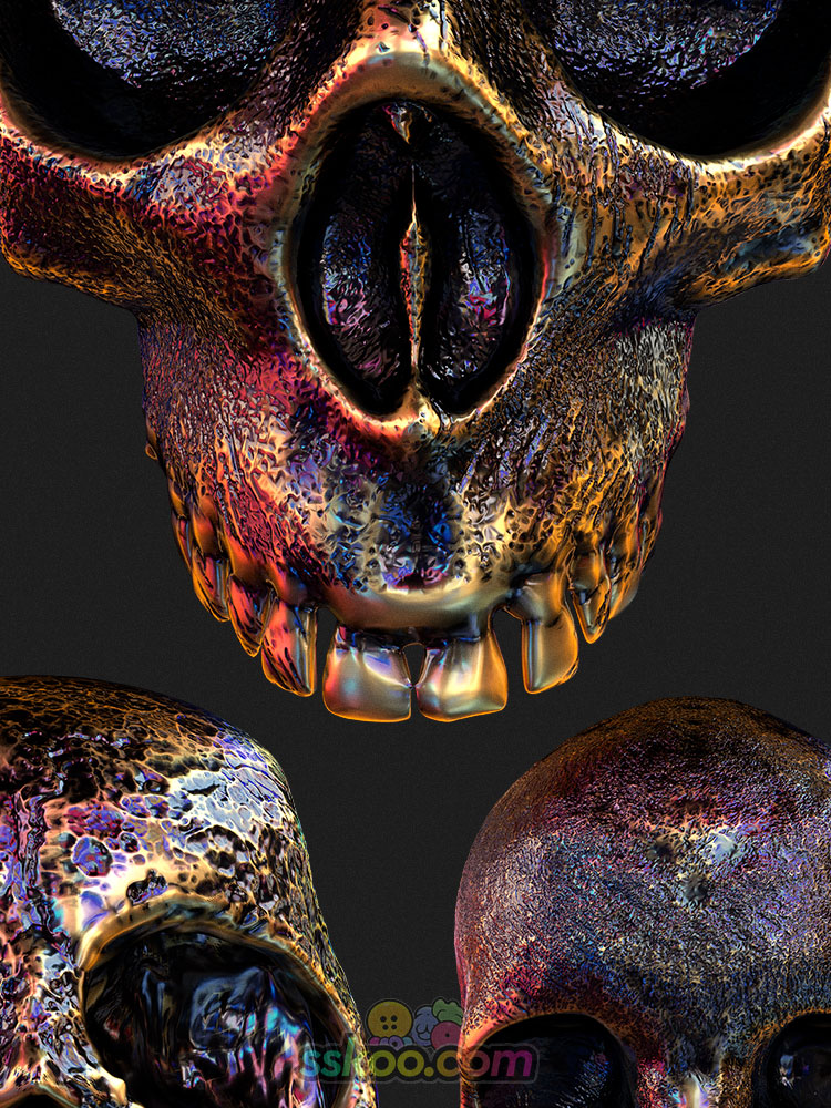 3D立体渲染酸性金属质感头盖骨骷髅恐怖插图PNG免扣图片设计素材插图2