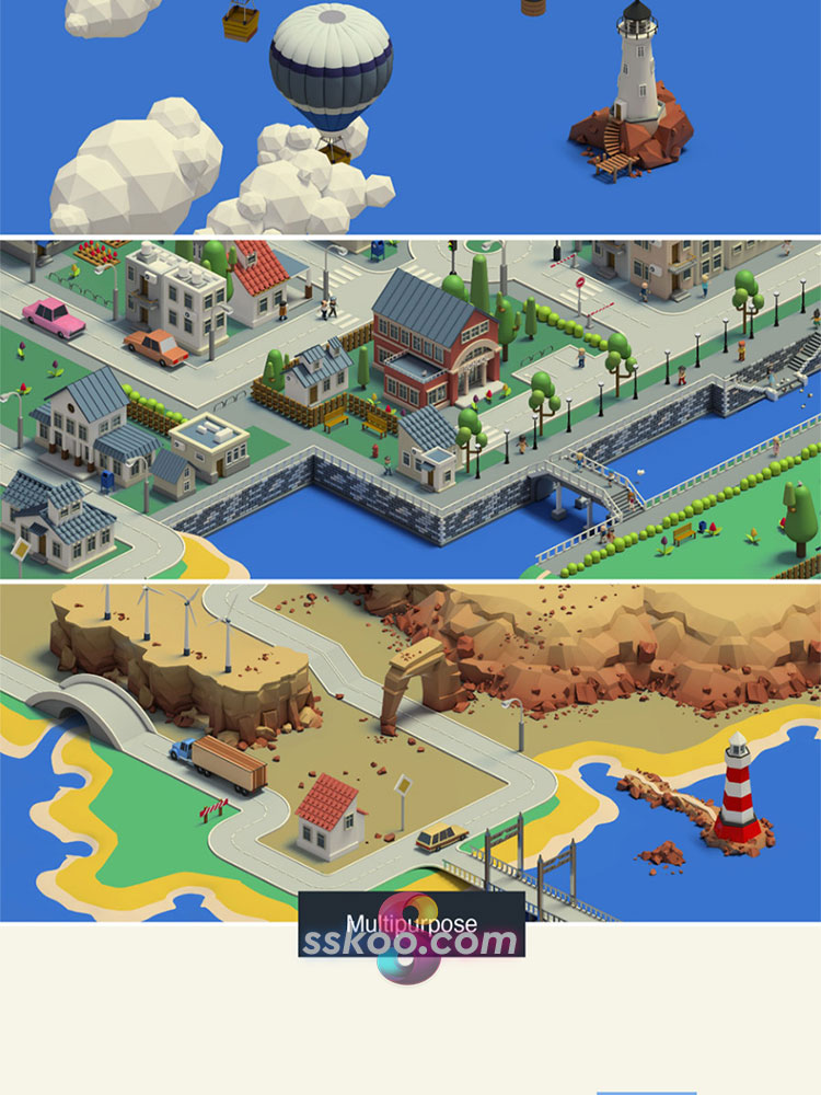 2.5D等距建筑公路人物树木动物定位场景3D立体插画PSD设计PS素材插图18