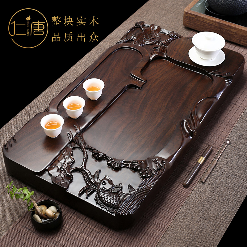 Whole piece of natural ebony tea tray Solid wood household thickened logs Carved Kung Fu tea tray Tea sea tea table