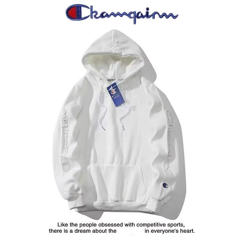 Cute Champion Hoodie Unisex Cotton Fleece Couple's Sweatshirt with Double Arm Embroidery Pullover