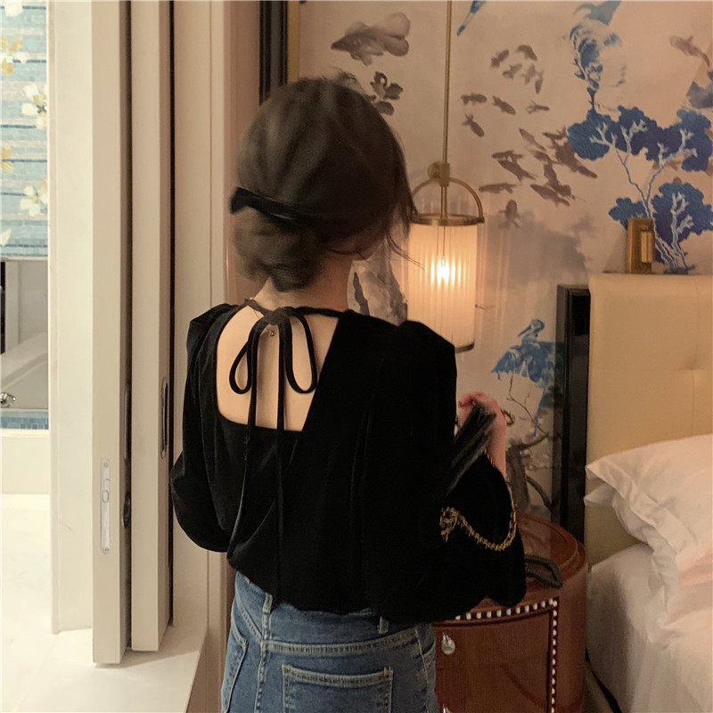 2022 Spring Summer Dress New Law Style Retro Design Sensation Bubble Sleeves Shoulder Black Velvet Long Sleeve Blouse Minus 100 lap