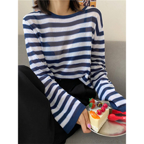 2022 Early Autumn New Womens Dress Superior Loose Long Sleeve Blouse Striped Back Open Fork Design Feel 100 lap T-shirt
